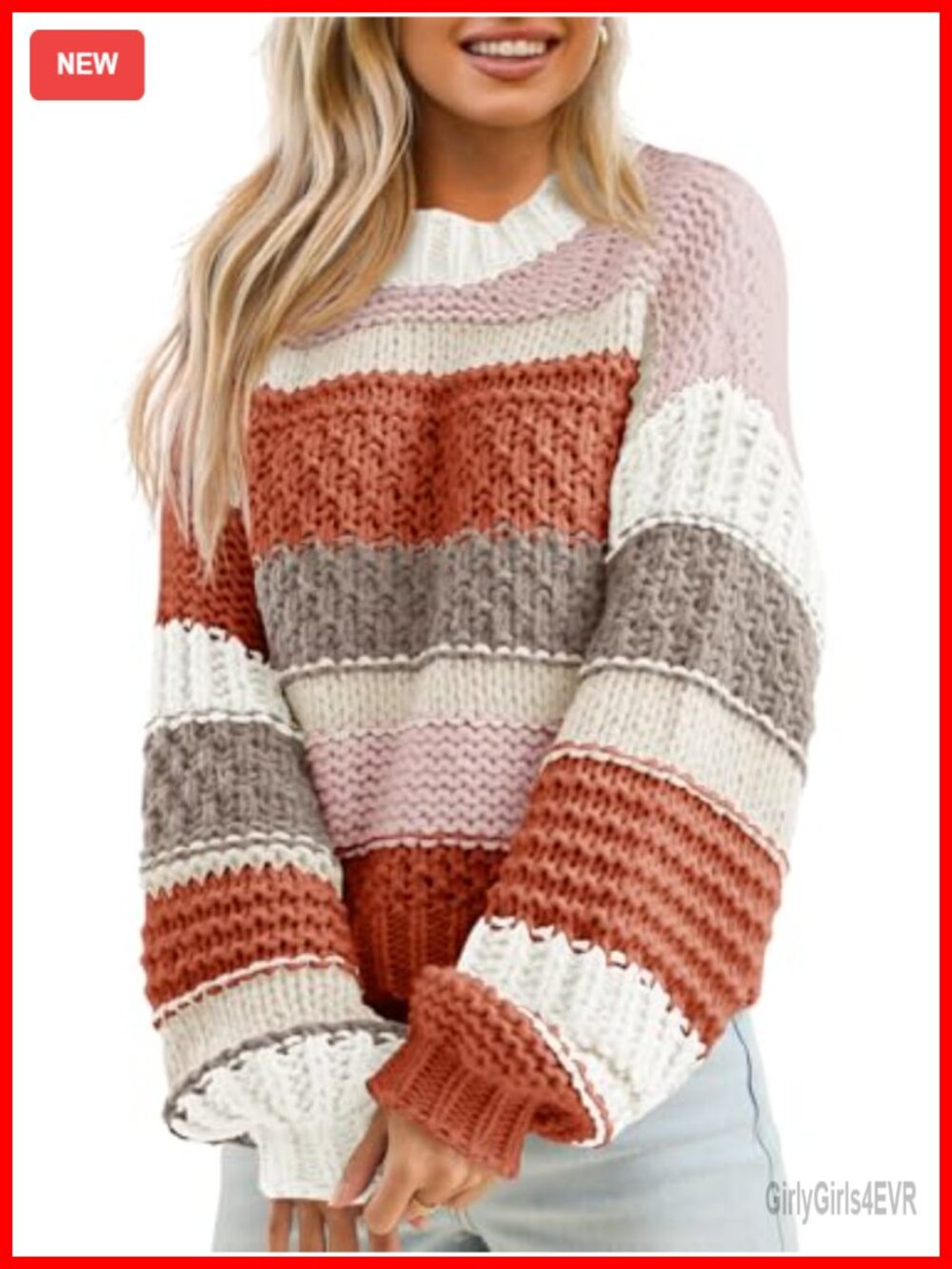 Chunky Knit Color Block Striped Cropped Sweater Crew Neck Long Sleeve